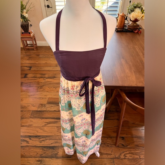 Maeve Skoura Idyll Maxi Dress Silk Blend Halter Novelty Print Whimsical Boho 0 - Picture 2 of 8